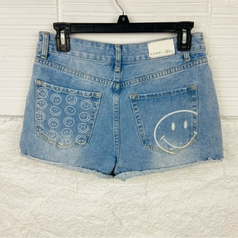 KHAKI + BLUE cotton denim jean smiley face pocket shorts size 28